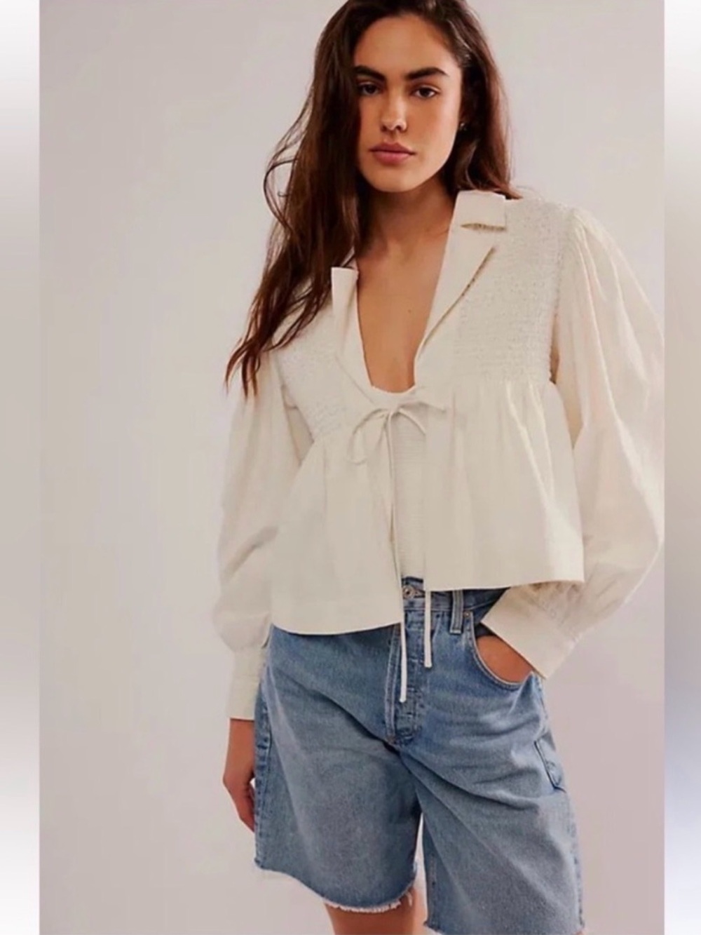 Free People Sally Trapeze Bed Jacket Smocked Off White Cotton Tie Front Top XL